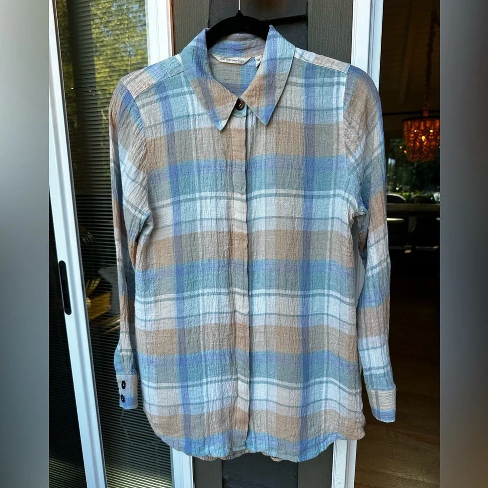 Soft Surroundings Women's Plaid Linen Button Down Shirt Top XS Blue Tan